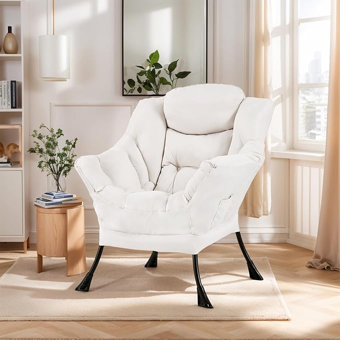 Lazy Chair for Living Room Modern Accent Chairs with Armrests Beige Armchairs with Side Pocket Cozy Lazy Sofa for Reading Balcony Bedroom Dorm Small Spaces
