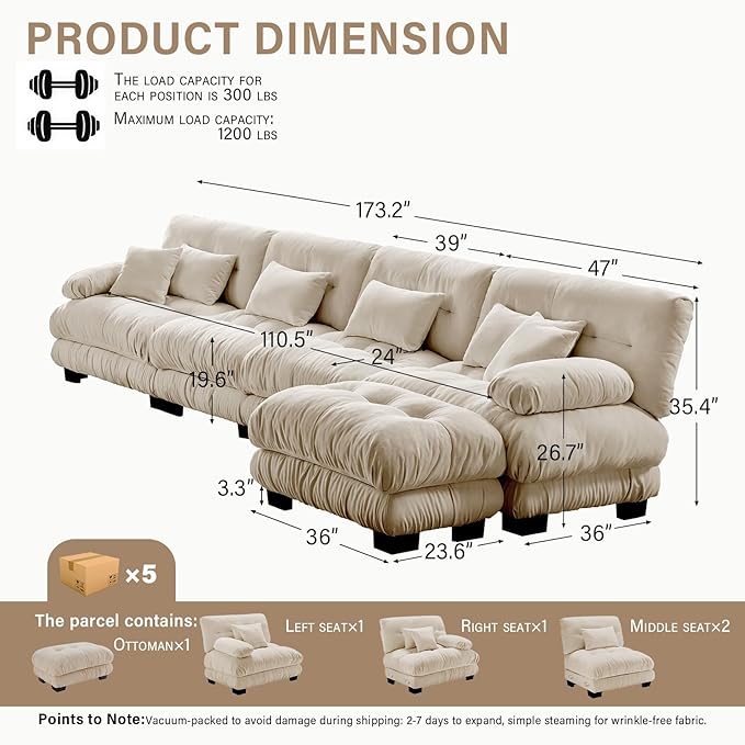 Chenille Sectional Couch-173.3 Inch Oversized 4-Seater Cloud Sofa with Ottoman and Pillow High-Density Sponge Filling Lounge Couches for Living RoomApartment(Light Coffee)
