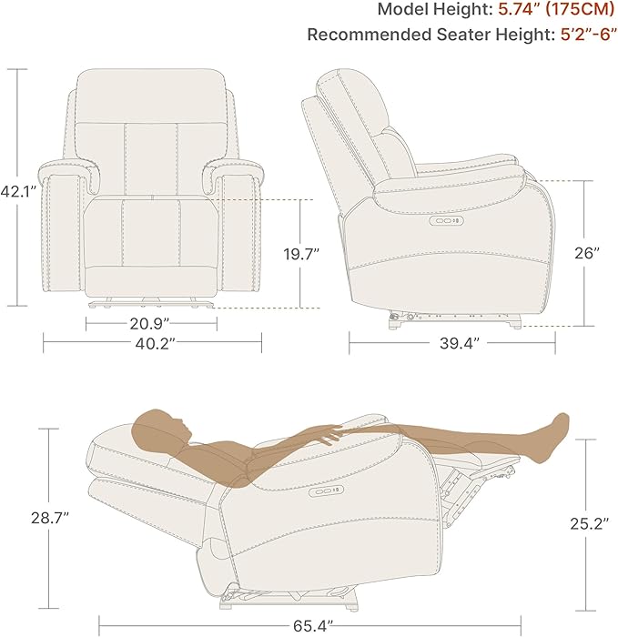 CHITA Large Power Zero Gravity Recliner Chair Genuine Leather Recliner Chair for Adults with Adjustable Power Headrest and Hidden Slide-Out Cupholders USB and Type-C Ports Creamy Grey