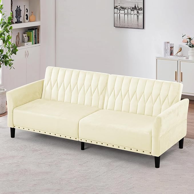 77” Velvet Sofa Bed with Adjustable Armrests and BackrestsTufted Convertible Futon Couch with Nailhead Trim Loveseat Modern Velvet Sleeper Sofa for Living RoomBedroomOffice Beige