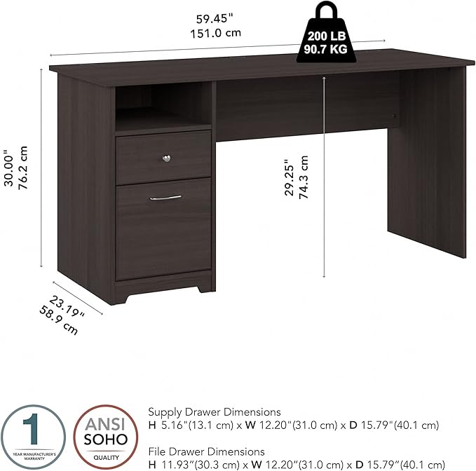 Bush Furniture Cabot 60W Office Desks for Home Office with Storage and Chrome Hardware Elegant Computer Table with Drawers Heather Gray