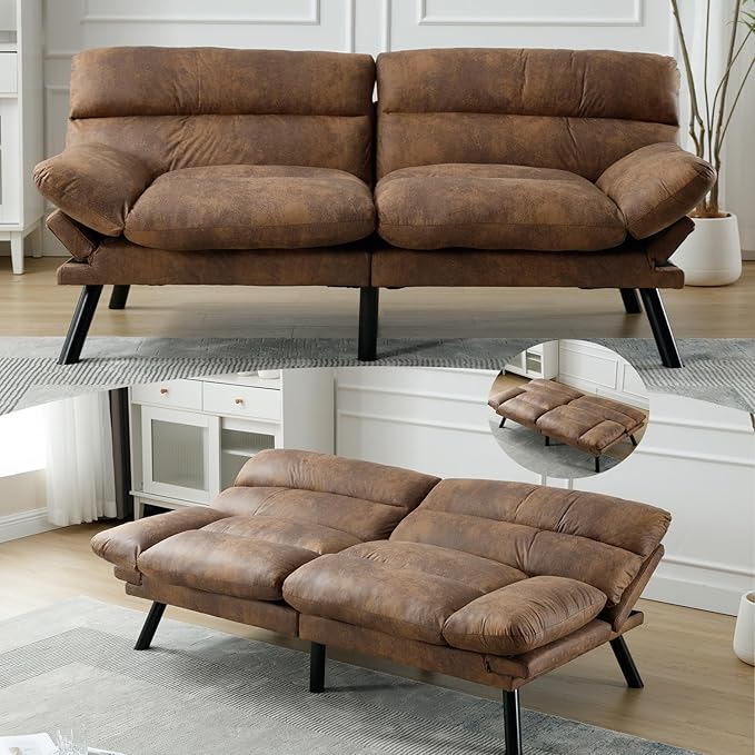 70 Modern Microsuede Convertible Folding Futon Couch Sofa Bed Adjustable Pillow Top Arm Memory Foam Couch Double Loveseat Sofa for Compact Living SpaceDormGame StudioApartmentBedroom (Coffee)