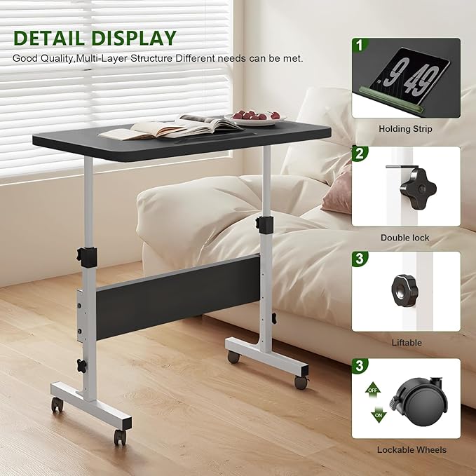 Small Standing Desk Adjustable Height Rolling Computer Desk Portable Laptop Desks with WheelsBlack