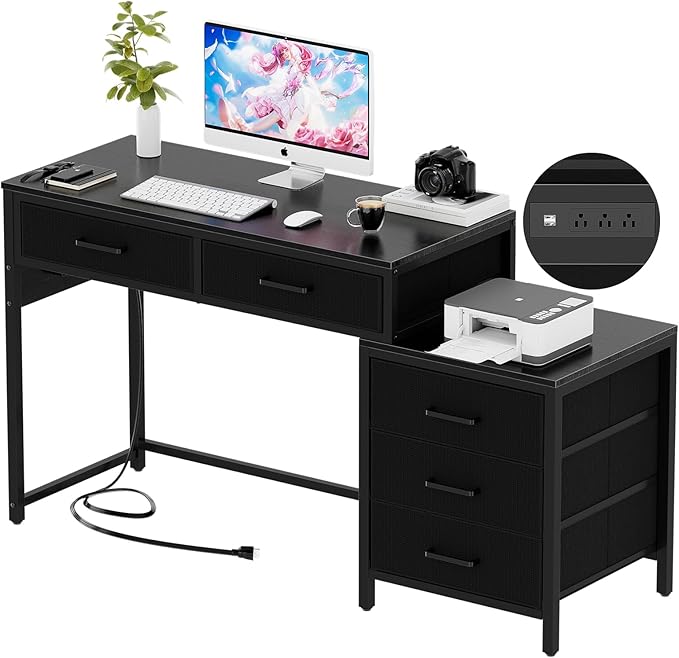 Unikito Reversible Computer Desk with 5 Drawers Sturdy Office Desk with Power Outlets and USB Ports Corner Writing Table with File Cabinet &amp Printer Stand Vanity Desk with Storage Black