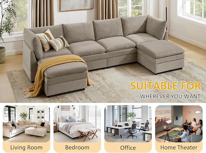 VANOMi 98 L Shape Modular Sectional Cloud Sofa Couches Convertible Sleeper Sofa with Thick Cushion Movable Ottoman for Bedroom Apartment Upholstered Comfy Living Room Sofa Set Taupe