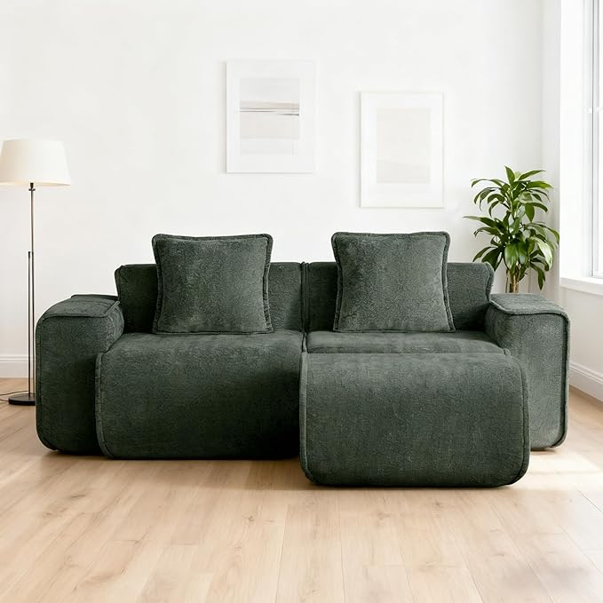 Casaphoria Green Velvet Modular Sofa L-Shaped 2 Seater Sectional with Ottoman &amp 2 Removable Pillows No Assembly Required 78.74 Inch Sofa for Small Apartments &amp Living Rooms