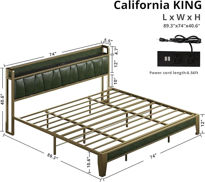 LIKIMIO California King Bed Frame Storage Headboard with Charging Station Solid and Stable Noise Free No Box Spring Needed Easy Assembly (Dark Green)