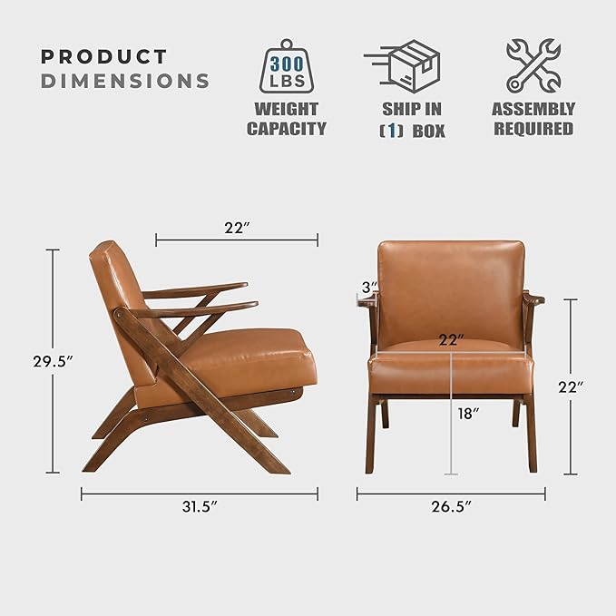 Lexicon Mid Century Modern Accent Chair Faux Leather Upholstered Lounge Seat Brown Finish Solid Wood Framed Comfy Side Chair for Living Room/Bedroom/Office/Waiting Area Brown