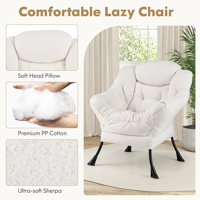 Byroce Lazy Chair with Ottoman Single Sofa Sherpa Chair with PP Cotton Filler Head Pillow &amp Zipper Design Modern Home Office Leisure Set Comfy Lounge Reading Accent Chair for Living Room Bedr