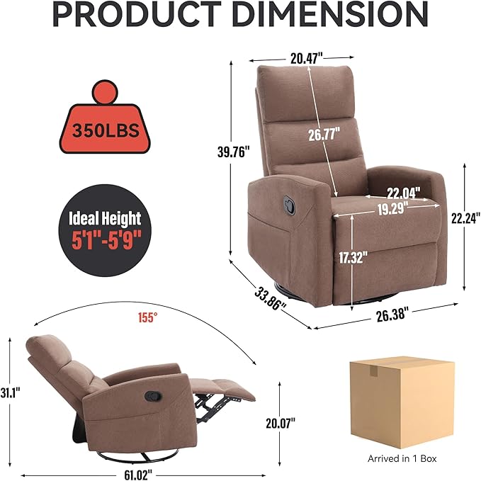 Slim Swivel Rocking Chair Recliner with PocketsLazy Boy Recliners for for AdultsSmall Recliner Chair for Small Spaces Manual Reclining Chairs for Living Room Bedroom Adjustable Backrest (Brown)