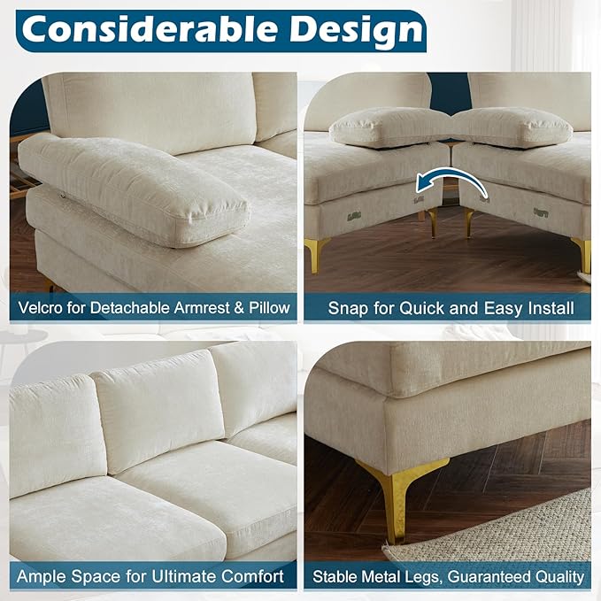 VINGLI 110 Large U-Shape Sectional Sofa Couch with 51 D Double Chaise for Living Room Modern Sectional Couch Set with Soft 5.9 Thickness Seating Padding Chenille FabricMetal Gold Legs(Beige)