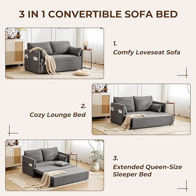Furnimart 62 Queen Sleeper Sofa 3 in 1 Convertible Loveseat Sleeper Pull Out Sofa Bed with 6-Position Adjustable Backrest Modern Futon Couch for Living Room Apartment RV Linen Dark Grey
