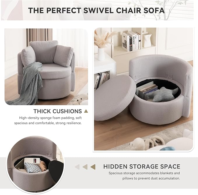 FOXHUNTER Swivel Barrel Chair 360 Degree Swivel Round Storage Chair with 3 Pillows Oversize Teddy Swivel Accent Chair Comfy Single Sofa Chair for Nursery Living Room Bedroom (Light Gray)