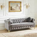 82 Comfy Chesterfield Sofa with Rolled Arms &amp Pillows 3 Seater Retro Velvet Couch Mid Century Modern Love Seat with Gold Trim and Legs Soft Deep Seat Tufted Couches for Living Room (Grey)