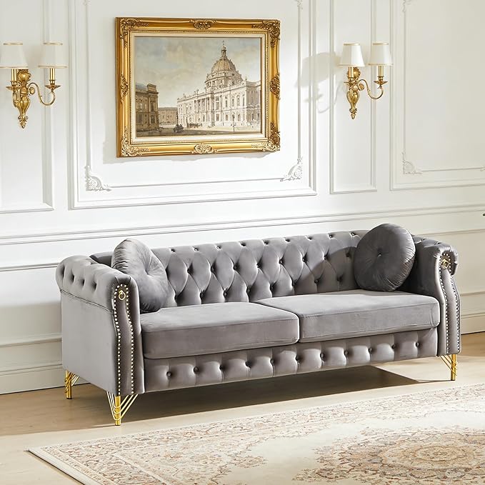 82 Comfy Chesterfield Sofa with Rolled Arms &amp Pillows 3 Seater Retro Velvet Couch Mid Century Modern Love Seat with Gold Trim and Legs Soft Deep Seat Tufted Couches for Living Room (Grey)