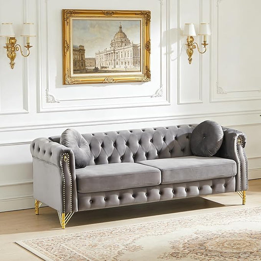 82 Comfy Chesterfield Sofa with Rolled Arms &amp Pillows 3 Seater Retro Velvet Couch Mid Century Modern Love Seat with Gold Trim and Legs Soft Deep Seat Tufted Couches for Living Room (Grey)
