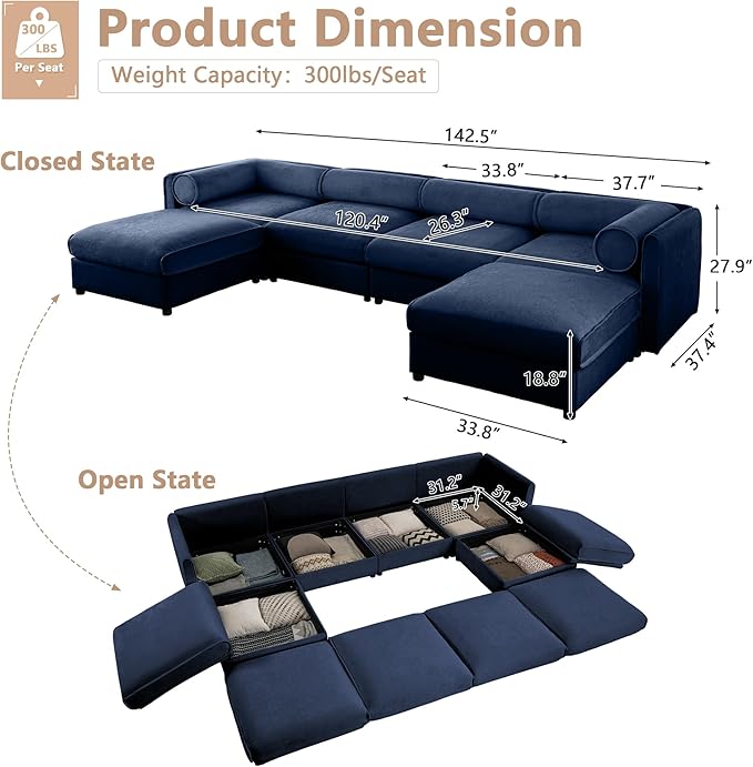 Oversized Modular Sectional Sofa 142.5 Chenille U-Shaped Sofa with Cylindrical Backrest &amp Armrest Modern Comfy 4-Seat Sofa with 2 Ottoman Upholstered Deep Seat Couch for Living Room Blue