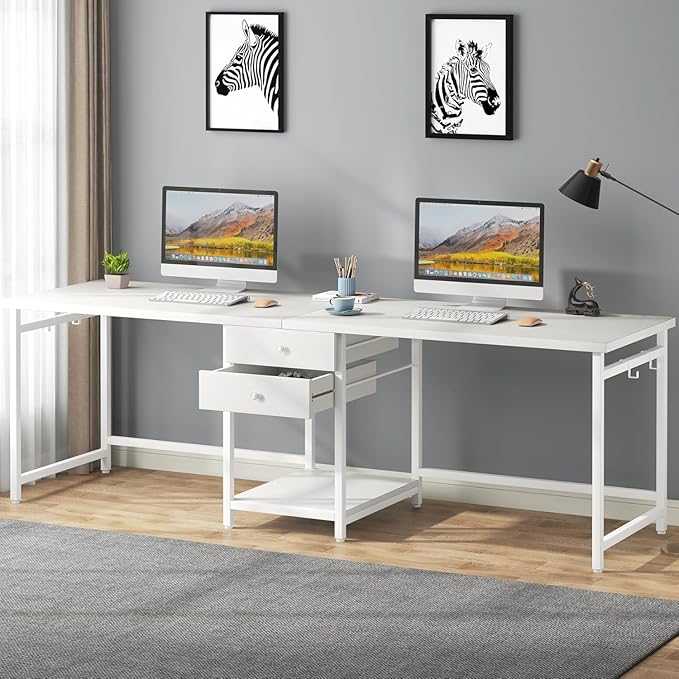 79 Inch White Two Person Desk with Drawers Extra Long Desk with Storage Shelves Double Home Office Desk with Hooks 2 Person Writing Study Table Workstation for Home Office