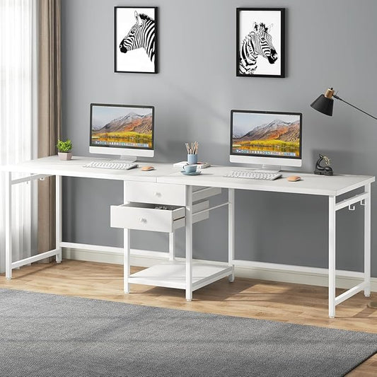 79 Inch White Two Person Desk with Drawers Extra Long Desk with Storage Shelves Double Home Office Desk with Hooks 2 Person Writing Study Table Workstation for Home Office
