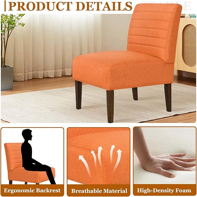 Modern Accent Chair for Living Room Upholstered Armless Slipper Chair with Back &amp Wood Legs Comfy Small Chair for Bedroom Living Room Reading Spaces Office (Orange)