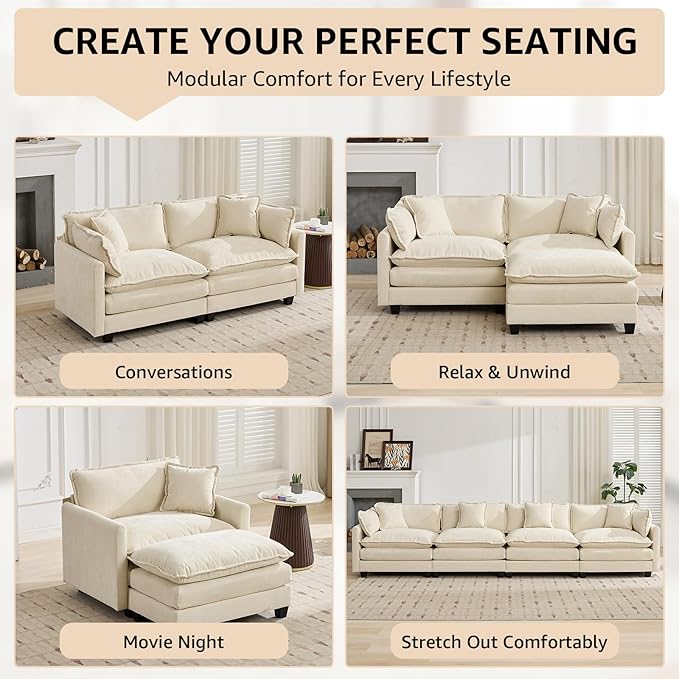 76.7 Beige Modern Sectional Couches for Living Room Chenille Loveseat U Shaped Modular Sectional Sofa Oversized 2 Seater Cloud Love Seat Couches with 2 Ottomans Deep Seat Sofas Set Sofa para Sala
