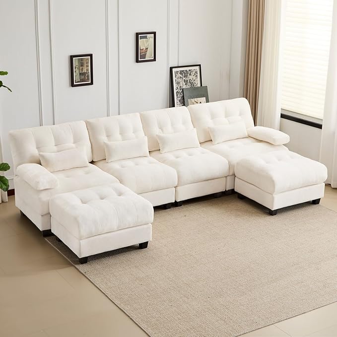 KEIKI 119 4 Seater Chenille Modular Sectional Couches with 4-Position Adjustable Backrest 2 Ottoman &amp 4 Throw Pillows Comfy Couch Sofa for Living Room Apartment Indoor 350lb/Seat