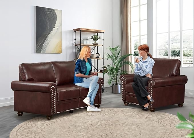 2 Piece Faux Leather Sofa SetModern Chair and Loveseat Sets with StorageMid Century Couch with Rivet Rolled ArmComfy Deep Seat SofaFurniture for Living RoomOffice(Armchair+LoveseatBurgundy)