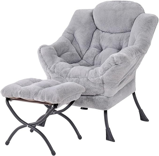 Welnow Lazy Chair with Ottoman Modern Accent Chair with Armrests and a Side Pocket Leisure Sofa Armchair Reading Armchair with Footrest for Small Space Plush Grey
