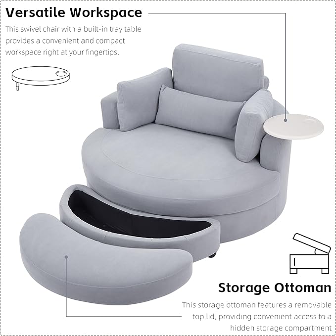 DEINPPA Swivel Accent Chair with Armrest Tray Round Barrel Chairs with Ottoman for Living Room Bedroom-Corduroy Fabric-Haze Blue