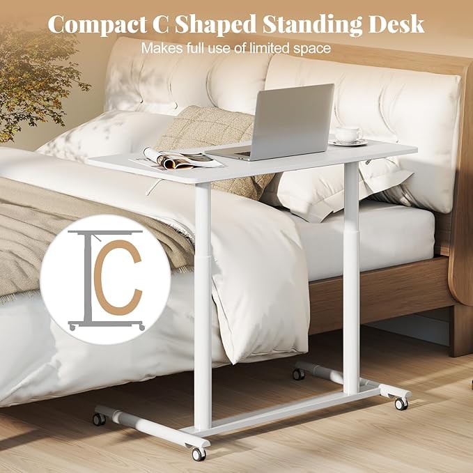 Giantex Mobile Standing Desk Height Adjustable Computer Desk with Wheels &amp Aluminum Frame C Shaped Sofa Side Table Portable Laptop PC Workstation Compact Rolling Desk for Small Space (White)