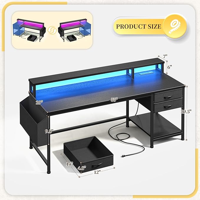 55 Computer Desk with Drawers &amp Storage Bag Gaming Desk with Power Outlets and LED Lights Office Desk with Monitor Stand for Bedroom Gaming Room Study Work Home Office Black