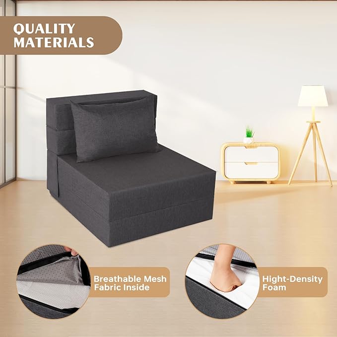 Folding Sofa Bed Foldable Sleeper Chair with Washable Cover Convertible Futon Sofa Bed with Pillow Fold Out Couch for Living Room Dorm Guest Room Single Size Dark Grey