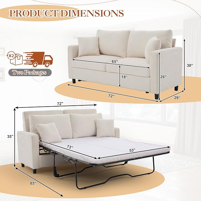 Antetek 72-inch Pull Out Sofa Bed with Mattress Convertible 2-in-1 Folding Full Size Chenille Futon Comfy Loveseat Sleeper Sofa Couch Bed with Square Arms for Guest Room Living Room Bedroom Beige
