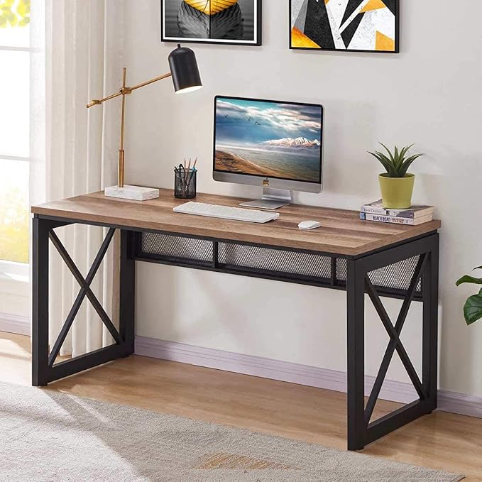 BON AUGURE Industrial Home Office Desks Rustic Wood Computer Desk Corner Ladder Shelf 5 Tier Metal Wood Corner Bookshelf Tall Corner Shelf Plant Stand for Living Room