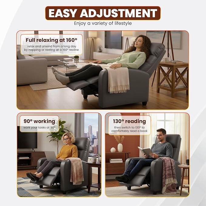 BestMassage | Recliner Chair | No Massage Function | Pu Grey | with Lumbar Support Adjustable Push Back Wide Armrests Footrest &amp Padded Seat | Easy Assembly | for Living Room Home Theatre