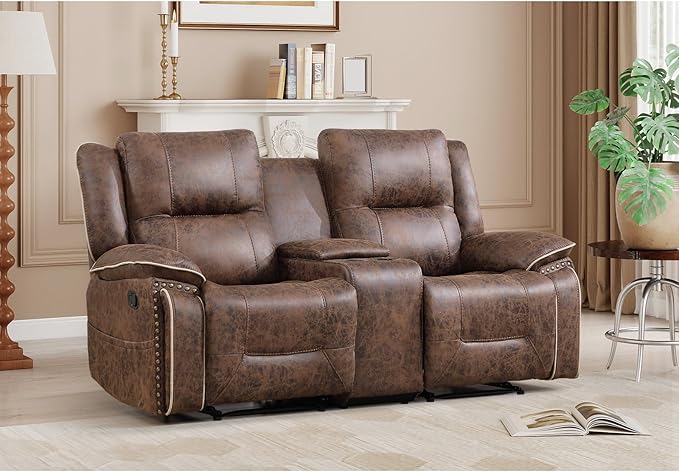 CANMOV Manual Recliner Chair Set Faux Leather Recliner Living Room Furniture Sets 2 Seater Reclining Sofa Chair with Hidden Storage and Cup Holders and Storage Pockets Brown