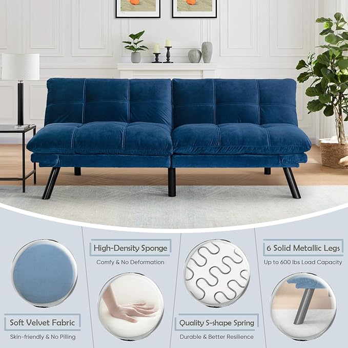 Convertible Velvet Futon Sofa Bed Comfy 72 L Sleeper Couch with Thicker Cushion Upholstered Modern Reclining Loveseat Folding Sofa for Small Living Room Dorm Apartment Office Navy
