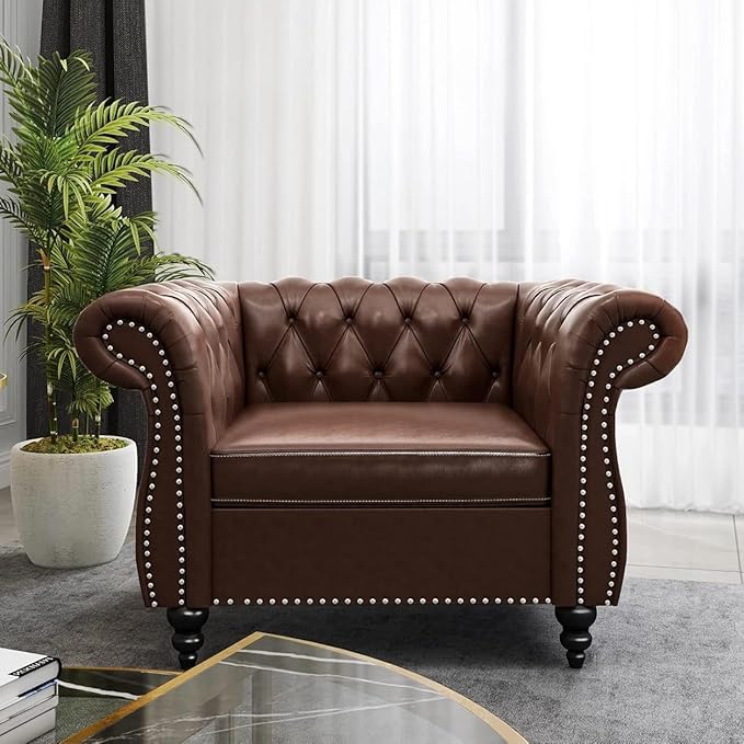AVZEAR Leather Upholstered Armchair Single Sofa Chair with Rolled Arms and Nailhead Mid-Century Modern Tufted PU Chesterfield Chair for Living Room Bedroom Office Apartment PU Brown