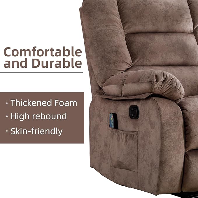 EBELLO Massage Recliner Chair with Vibration Massage and Heat Soft Fabric Overstuffed Manual Reclining Sofa Chair for Living Room with Side Pocket Light Brown