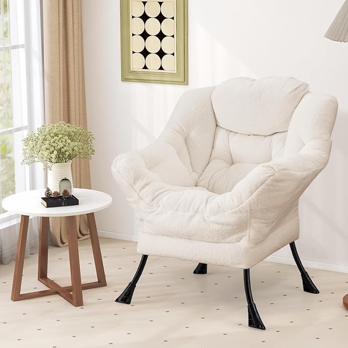 Giantex Set of 2 Lazy Chairs Modern Sherpa Accent Chair w/Upholstered Single Sofa Chair w/Armrests &amp Side Pocket Leisure Reading Lounge Chair for Living Room Bedroom Office Dorm (White)