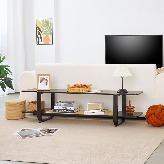 Bamboo TV Stand for TVs up to 65 Accent Entertainment Center with Storage Media Console Table with Shelf Modern TV Stand for Living Room Bedroom 54.3(L) Black
