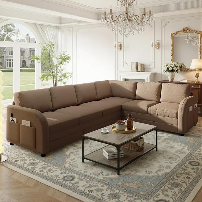 115.2 L Shaped Couch Bed Sectional Couches for Living Room Teddy Fabric Sleeper Sofa Bed with Pull Out Couch Convertible Sectional Couch with Charging Station &amp Side Pocket Brown