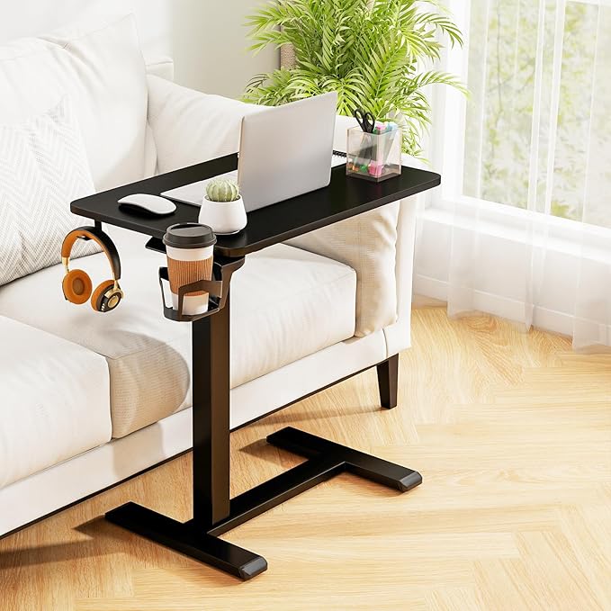 Tangkula Mobile Standing Desk Pneumatic Height Adjustable Rolling Desk with Cup Holder &amp Headphone Hook Overbed Table with Hidden Wheels Laptop Computer Cart for Couch Home Office (Black)