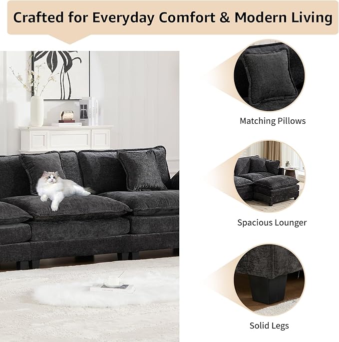 111.5 Black Modern Large Sectional Couches for Living Room Chenille L Shaped Modular Sectional Sofa Oversized 3 Seater Cloud Couch with Ottomans Deep Seat Sofas Set Sofa para Sala