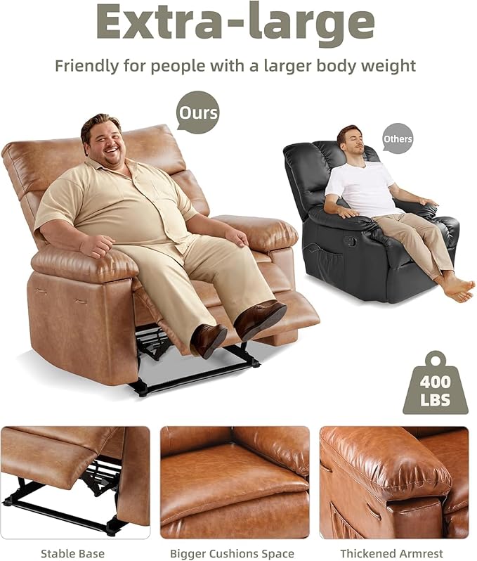 Garvee Recliner Chair Oversized Reclining Sofa Adjustable Manual Recliner Lounge Chair with Massage &amp Heat - Retro Brown