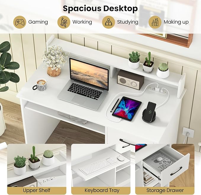 GOFLAME White Computer Desk with Charging Station Type C Port Modern Writing Desk with Drawer Removable &amp Adjustable Shelf Keyboard Tray Home Office Laptop Desk with Hutch for Bedroom Study