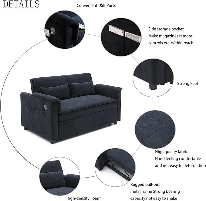 Livavege 55 Convertible Sofa Bed Velvet Pull Out Sleeper Sofa Couch Bed 3-in-1 Futon Loveseat with Adjustable Backrest USB Ports &amp 2 Side Pockets for Small Living Room Apartment Bedroom Bla