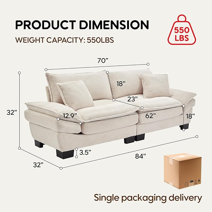 Modern 84 Corduroy Loveseat Sofa Ultra-Comfy Couch with 2 Pillows for Apartment Living Room Bedroom Home Office (Beige)