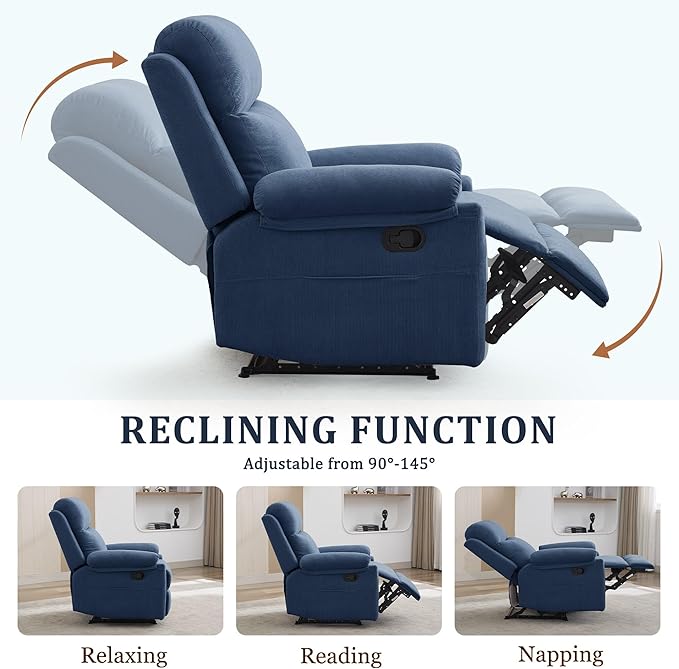 Recliner Chair Manual Recliner for Adults with Side Pocket Small Recliners for Small Spaces Adjustable Comfy Overstuffed Corduroy Reclining Chairs for Living Room Reading Bedroom Blue