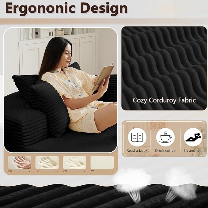 55'' Oversized Round Chair Lounge Chaise Indoor Cloud Boneless Large Circle Chair with Plush Corduroy No Assembly Required Fluffy Modern Sleeper Sofa Bed for Reading Living Room Bedroom(Black)